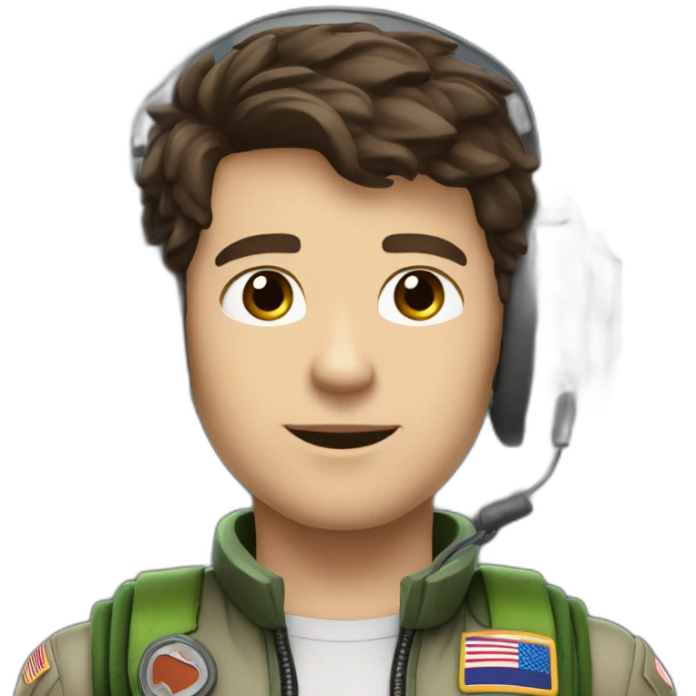 A young white male tennager with dark brown hair and brown eyes in a pilot suit and wearing a green Pilot headset emoji