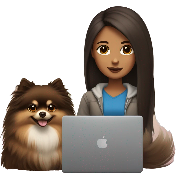 A girl with long dark brown hair, brown eyes in front of a laptop with a pomeranian next to her emoji