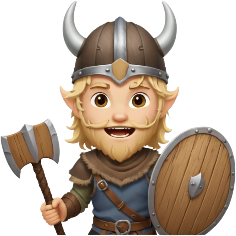 A young Viking warrior with messy hair, wooden shield, and fierce excited grin with horned helmet emoji