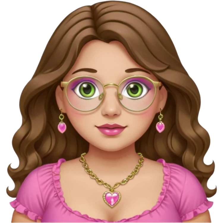 Girl long wavy brown hair with middle part. green gold eyes, plus size, pink frilly top,  gold nose ring, small pink heart crystal necklace. Gold rimmed glasses emoji