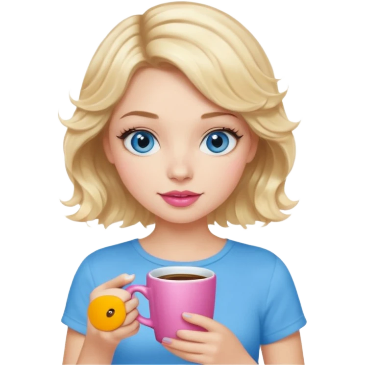Girl Blonde short wavy hair,  blue eyes, cute blue top, long lashes, pink lips, holding coffee  emoji