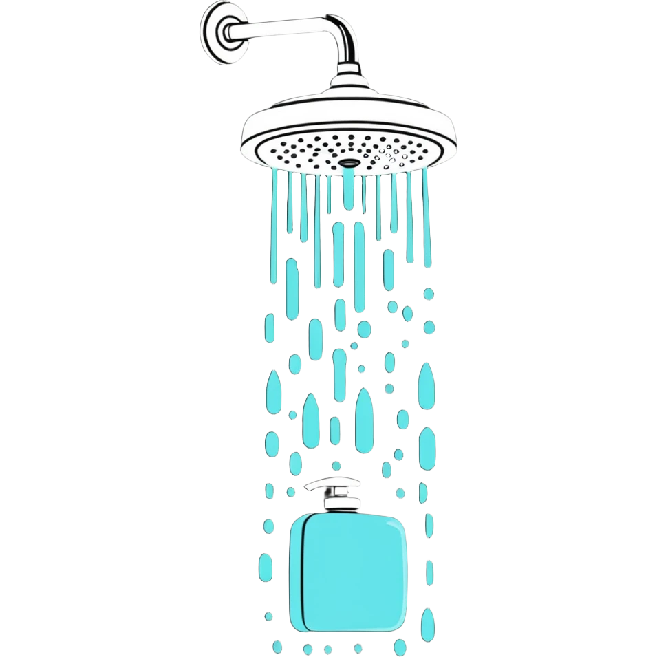 a showerhead spraying water with soap and shampoo bottles emoji
