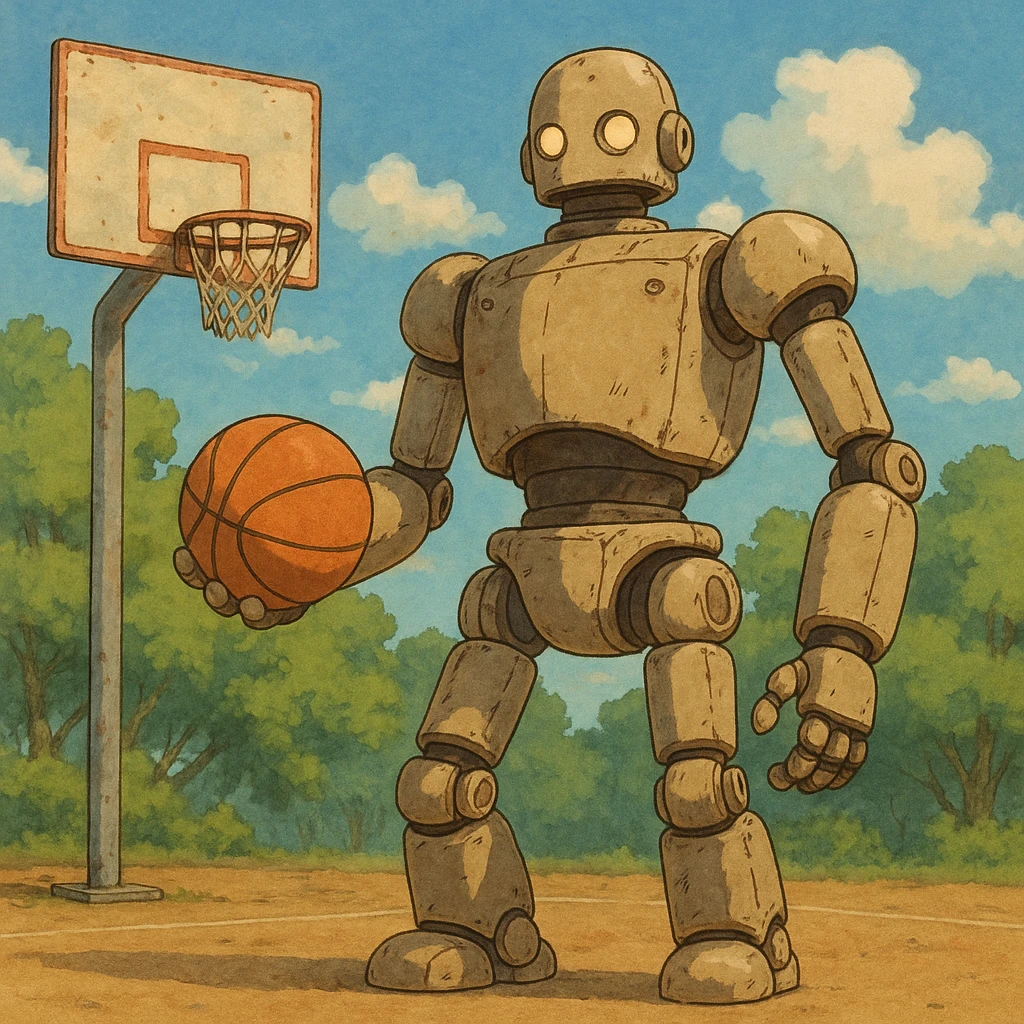 a basketball robot, ghibli style emoji