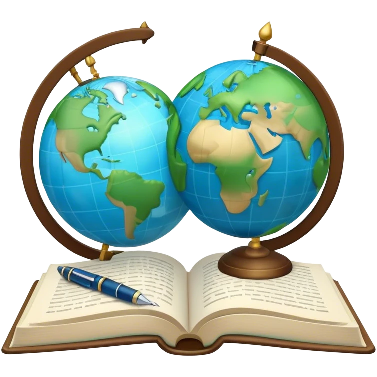 Create an emoji representing language translation. The design should feature just one globe in the background, symbolizing international communication. In front of the globe, place two opened books with texts on them and a pen nearby to indicate the act of writing. Use a clean and professional color palette with blues, greens, and neutral tones. Make the background transparent. emoji