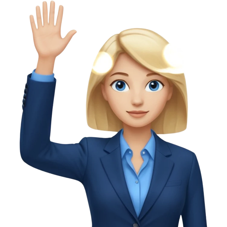 Make emoji of business woman with light skin and medium blonde hair in a dark blue business suit and light blue shirt waiving to new clients.  Woman should have sparkling blue eyes. emoji