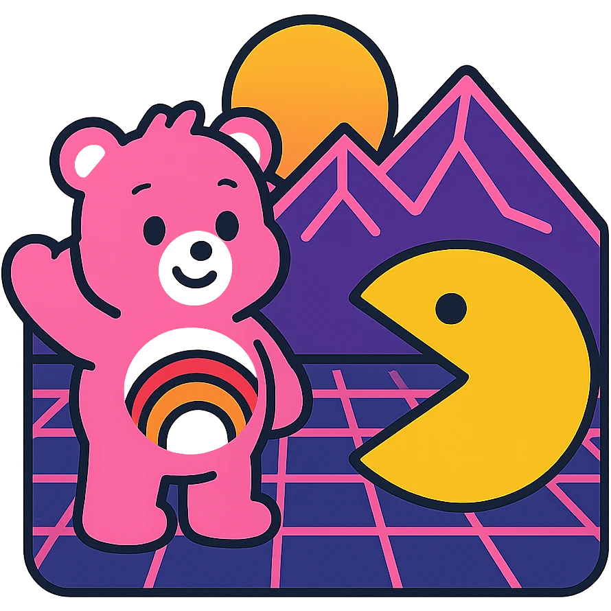 Care Bears and Pacman in a synthwave landscape with glowing mountains emoji