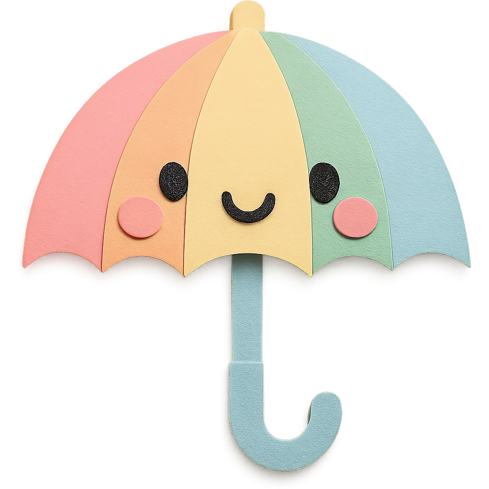 Regenerate this umbrella as a kawaii pastel rainbow umbrella with a smiling face, no arms, no legs, full body, soft pastel kawaii paper craft style. Keep the paper craft texture and cute look, transparent background. emoji