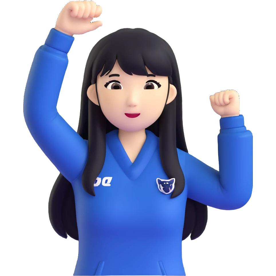 East Asian woman with long black straight hair and bangs wearing navy and white Doosan Bears team colors, cheering emoji
