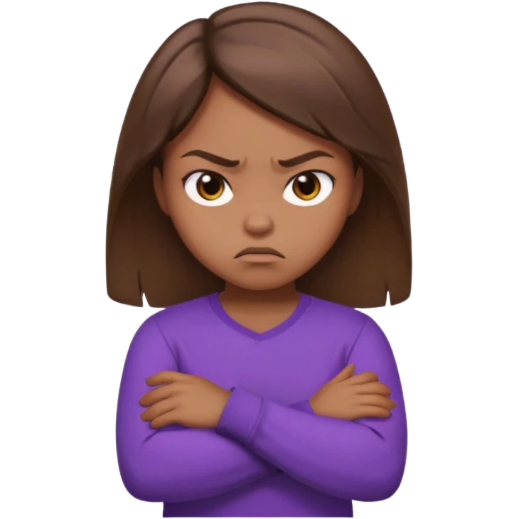 Girl with brown hair crossing arms in front of her chest and making an angry face with a purple longsleeve shirt on and be more pouty emoji
