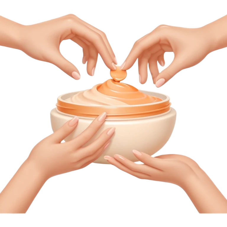 Minimal emoji of hands gently applying skincare cream, soft nude and peach tones, clean beauty aesthetic, calm and elegant, subtle glow emoji