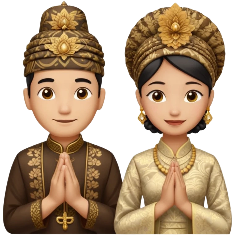 javanese person with shy smile (male) with batik blangkon hat and prayer hand, and also a javanese bride with sanggul or javanese classic updo and a shy smile emoji