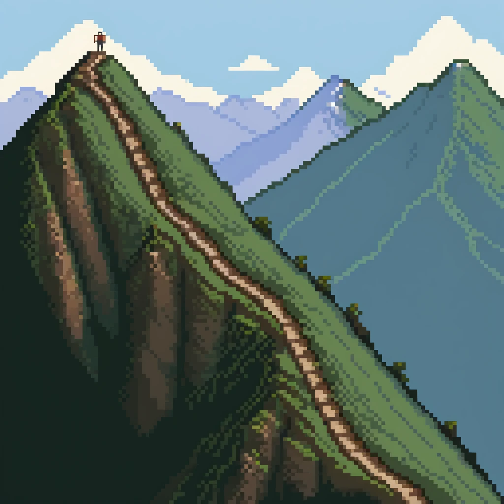 person traversing down one mountain and up another mountain, showing path through a valley emoji
