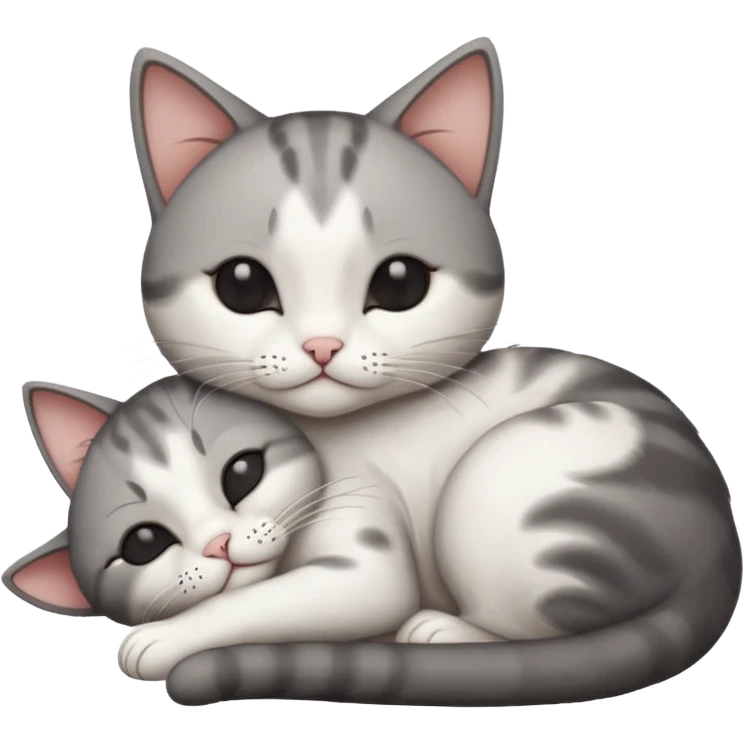 dark grey and white small cat with its eyes closed lying down leaning on its elbow with its paw curled under its head holding it up emoji