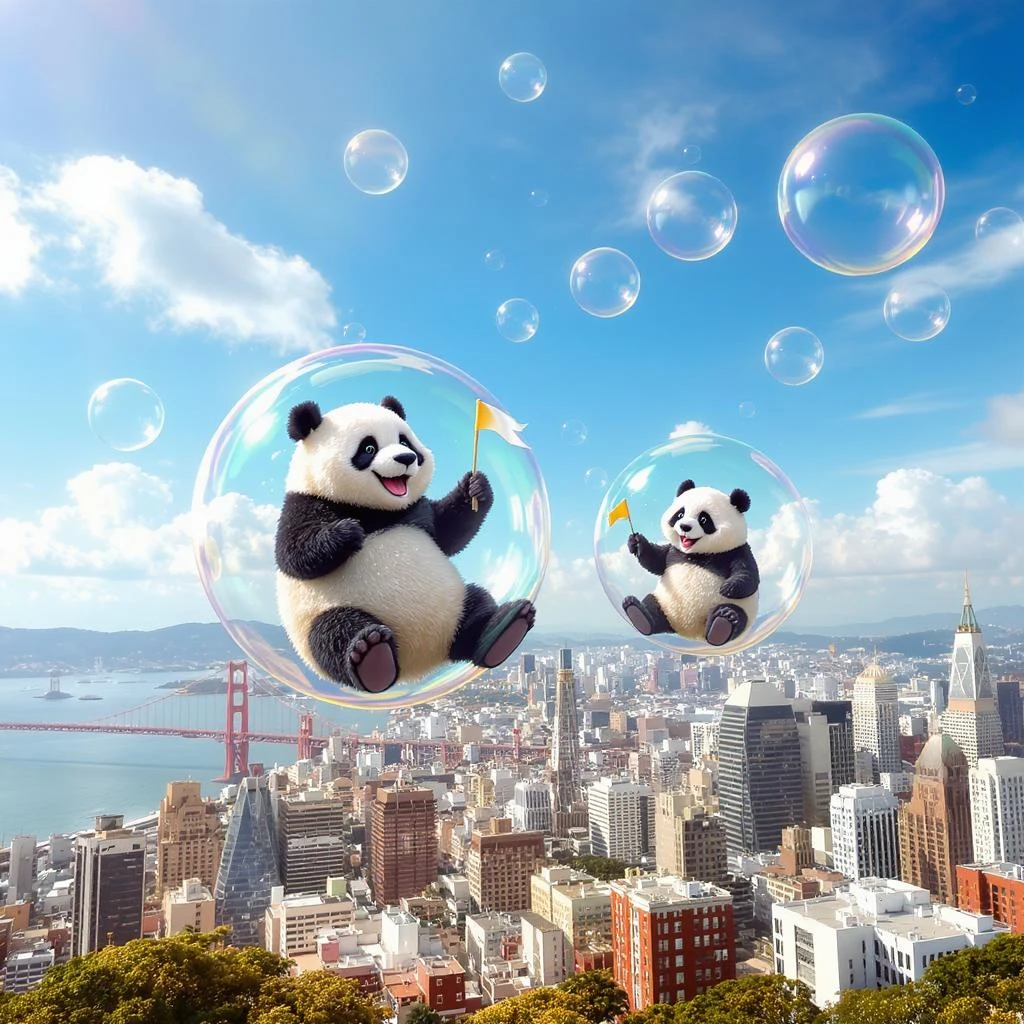 Cinematic still pandas bears sitting inside bubbles flying around San Francisco downtown, sunny summer day, happy vibe emoji