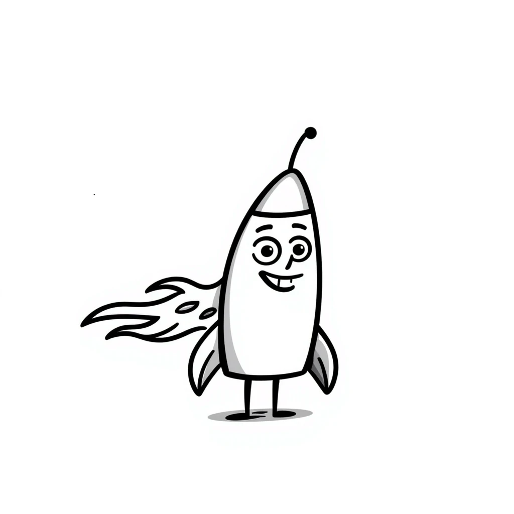 A hand-drawn toy rocket with a silly grinning face and flame trail emoji