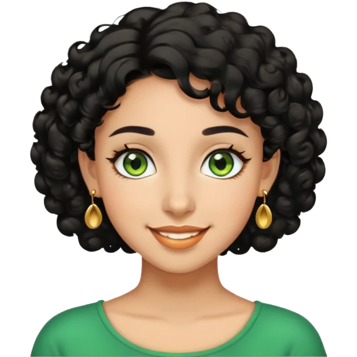 girl showing happiness, medium skin tone, short curly black hair, gold earrings, green eyes Minimal emoji showing happiness, medium skin tone, short curly black hair, gold earrings, green eyes emoji