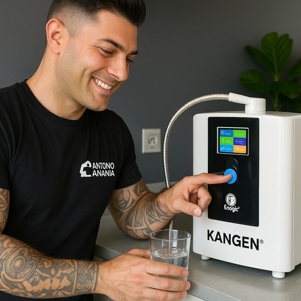 Create a realistic image of a man using a Kangen alkaline water purifier, inspired by the provided photo. Show the man operating or filling a glass from the Kangen purifier, with the device clearly visible and recognizable. The style should be realistic with a positive atmosphere. emoji