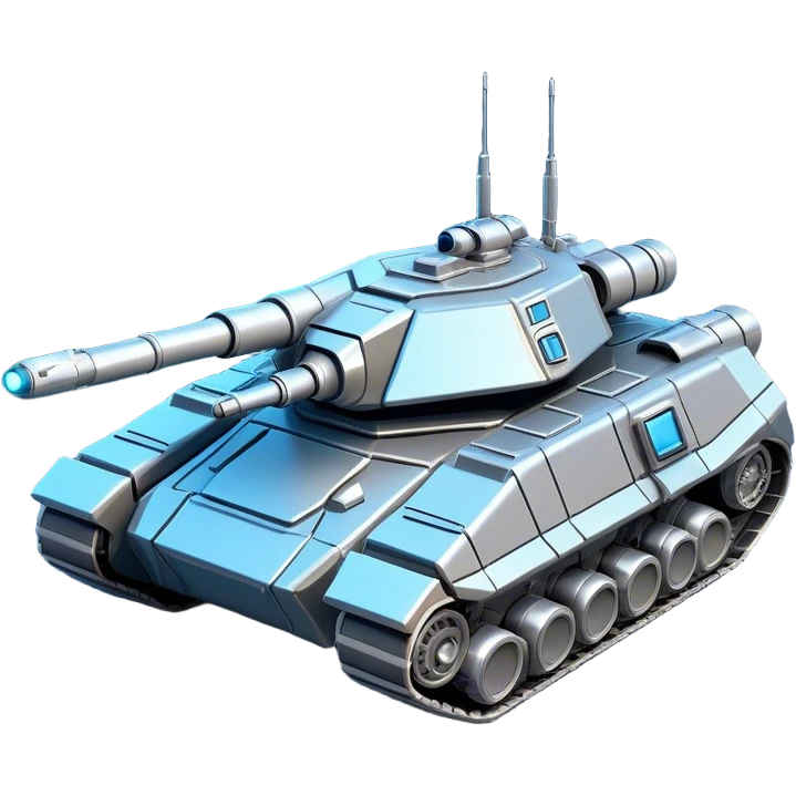 Clash of Clans aesthetic: Cinematic heroic Space Tank Emoji, rendered in a 3D vector-style similar to standard emojis with minimal shading and bold, simplified shapes. A robust, isometric armored vehicle with sleek futuristic plating and energy cannons, softly glowing with a high-tech cosmic combat charm. Simplified yet unmistakably iconic, highly detailed and consistent, glowing with a soft radiant shine and high gloss. Stylized with a touch of intergalactic warfare and a soft glowing outline, capturing the essence of a futuristic battle machine with a friendly, playful spirit! emoji