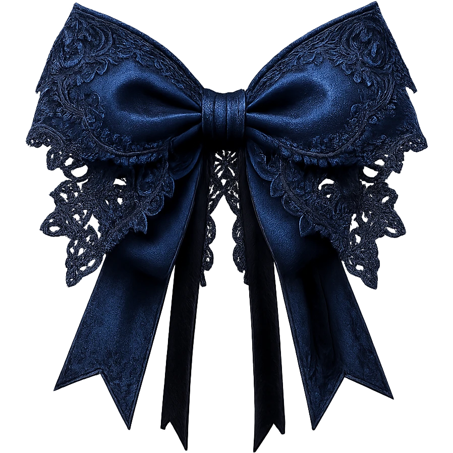 Edit the image to depict a blue gothic bow with lace details, dark blue accents, tiny skull charms, and black velvet ribbons. The background should be removed. Maintain a gothic style with intricate lace and dark blue tones. emoji