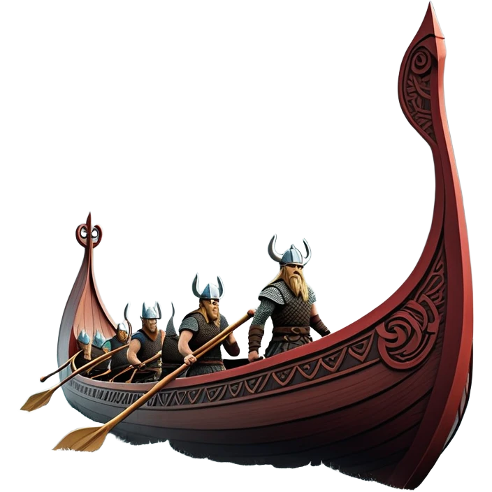 detailed-cinematic-viking-longboat, rendered in a flat, bold vector style with minimal shading, featuring a striking dragon-headed prow slicing through waters. shields on the side and vikings rowing The longboat’s, the boat has carved motifs evoke a sense of epic adventure and Nordic might, with billowing sails catching a dramatic, stormy sky backdrop. emoji