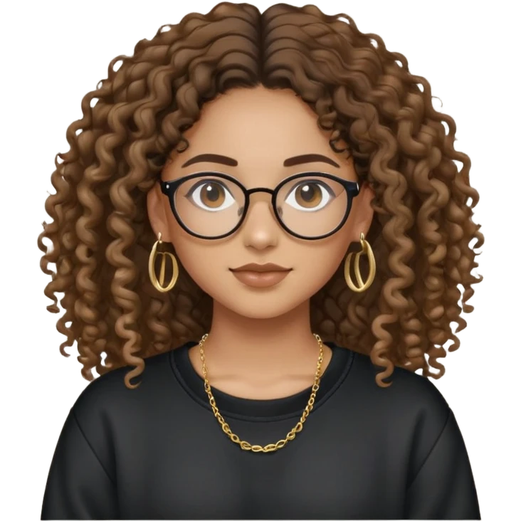 Mixed girl /curly long hair brown / with black eyes glasses black sweat shirt middle part flat earring and small thin gold chain  emoji