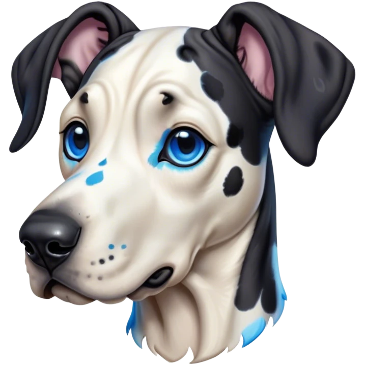 Cinematic Cute Harlequin Great Dane Portrait Emoji, Head tilted playfully and inquisitively, featuring a glossy coat of predominantly white with dynamic black patches, round, sparkling blue eyes filled with gentle curiosity, Simplified yet irresistibly adorable features, highly detailed, glowing with a warm, friendly glow, high shine, affectionate and gentle, stylized with a touch of whimsy, bright and endearing, soft glowing outline, capturing the essence of a mischievous yet loving pup, so playful it feels like it could lumber out of the screen and into your arms! emoji
