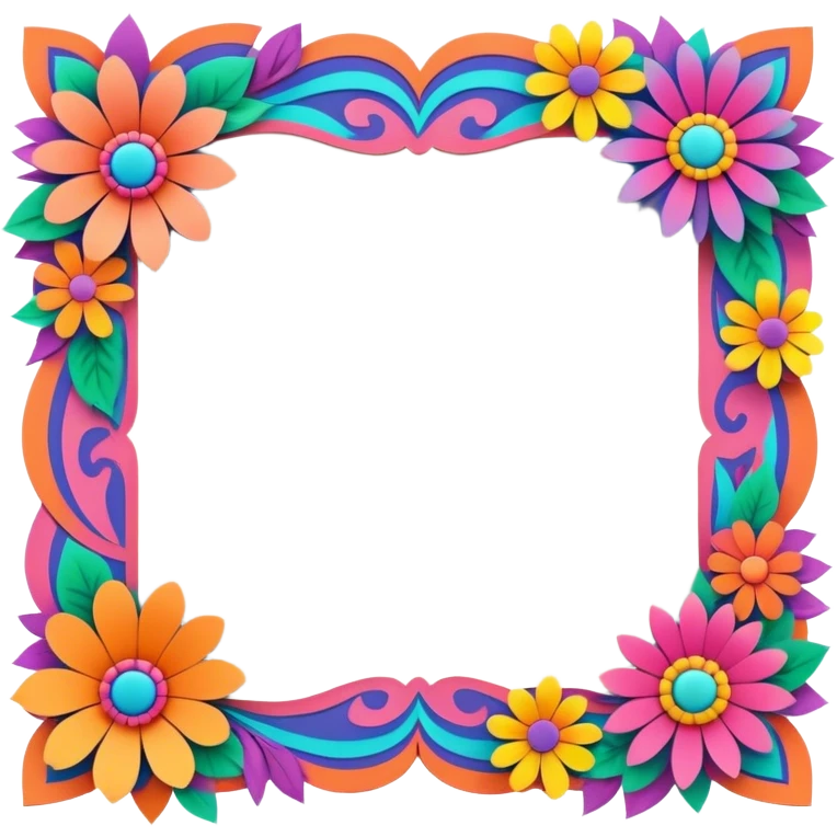 3D, psychedelic colored note paper with hippie style flower border emoji