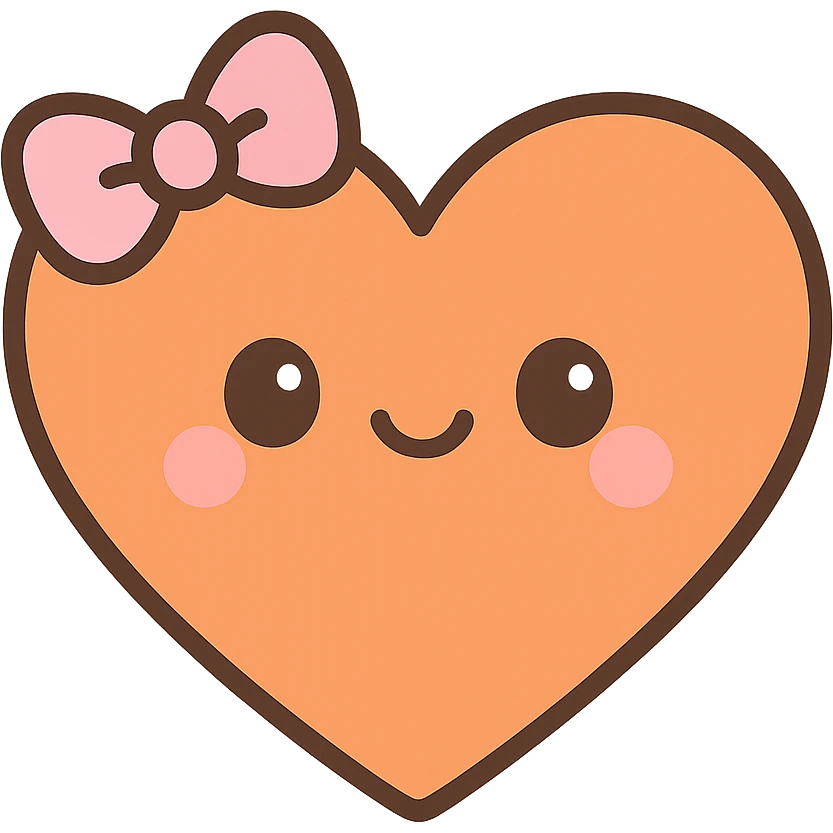 an orange heart with accessories, cute with a smiling face and bow, kawaii style emoji