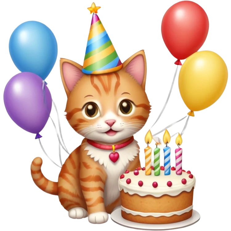 Ginger tabby kitten celebrates birthday, birthday hat, birthday cake, one candle, balloons, happy, gifts emoji