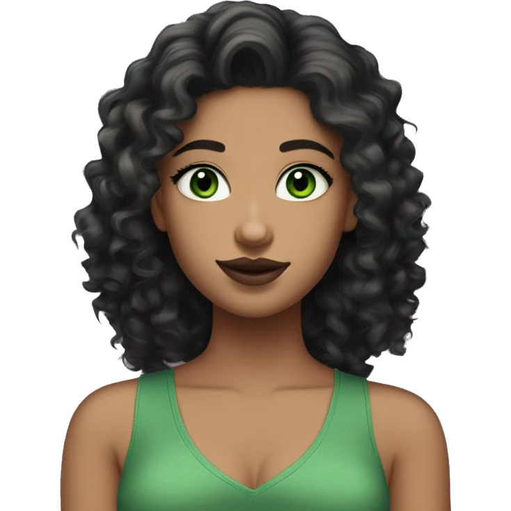 white 25-year-old pretty girl with very green eyes and black long curly/wavy hair, cute earrings, and green v-neck top, and mascara and mauve lipstick emoji