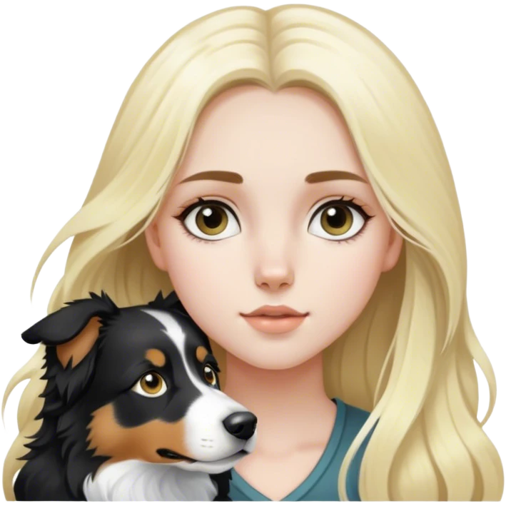 pale girl with light eyes and long blonde hair and black white Australian shepherd. emoji