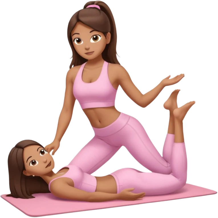A tanned girl with long brunette hair in her 20’s doing Pilates wearing a ALO baby pink workout set  emoji