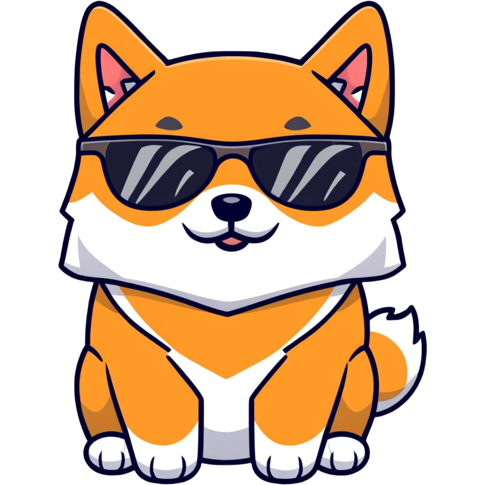 close-up of a Shiba Inu face wearing sunglasses with the text 'BIG HEAD' inside the sunglasses lenses emoji