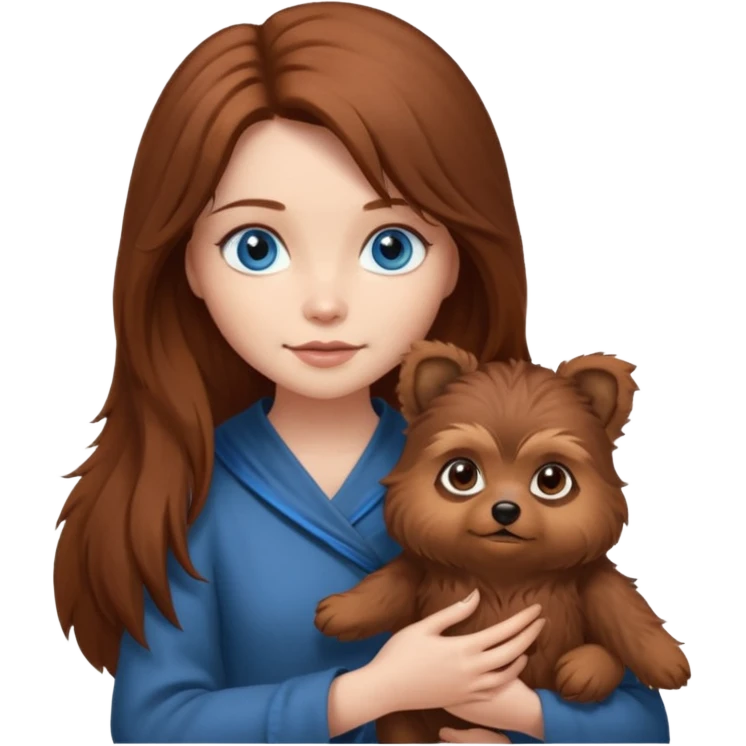 long hair chestnut color blue eyes woman holding small ewok dog emoji