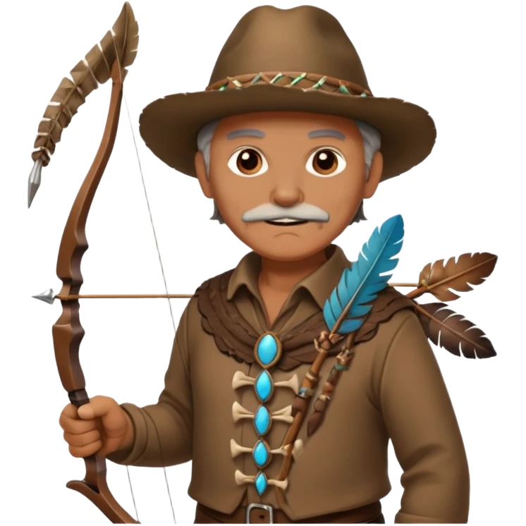 The classic image of a middle-aged uncle hunter carrying a bow, dressed in brown clothes, with some ornaments made of feathers, bones or teeth on his body. emoji