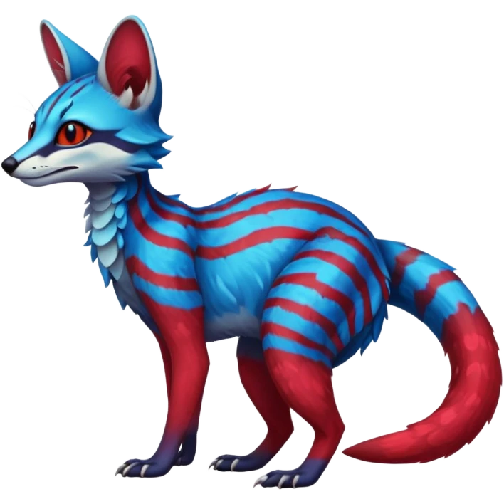 Feral Rare Fantasy vibrant dark shady shaded detailed cyan-cobalt-blue-crimson-red-gradients-colored colorful Vernid-Sergal-Genet-Trico-species by LiLaiRa, random markings, tufted tail, tufted ears, full body emoji