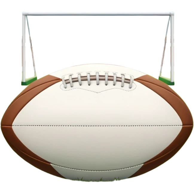 A rugby ball resting on a grassy field, with goalposts in the background. The scene captures the essence of the sport, with the field clearly marked and ready for a game, highlighting the intensity and teamwork of rugby. emoji