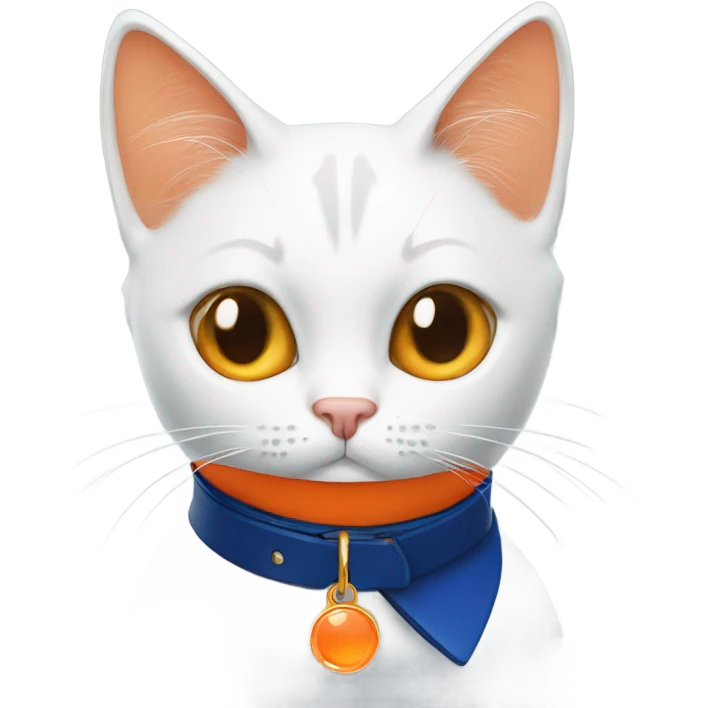 white and orange cat with dark blue collar with orange pendant emoji