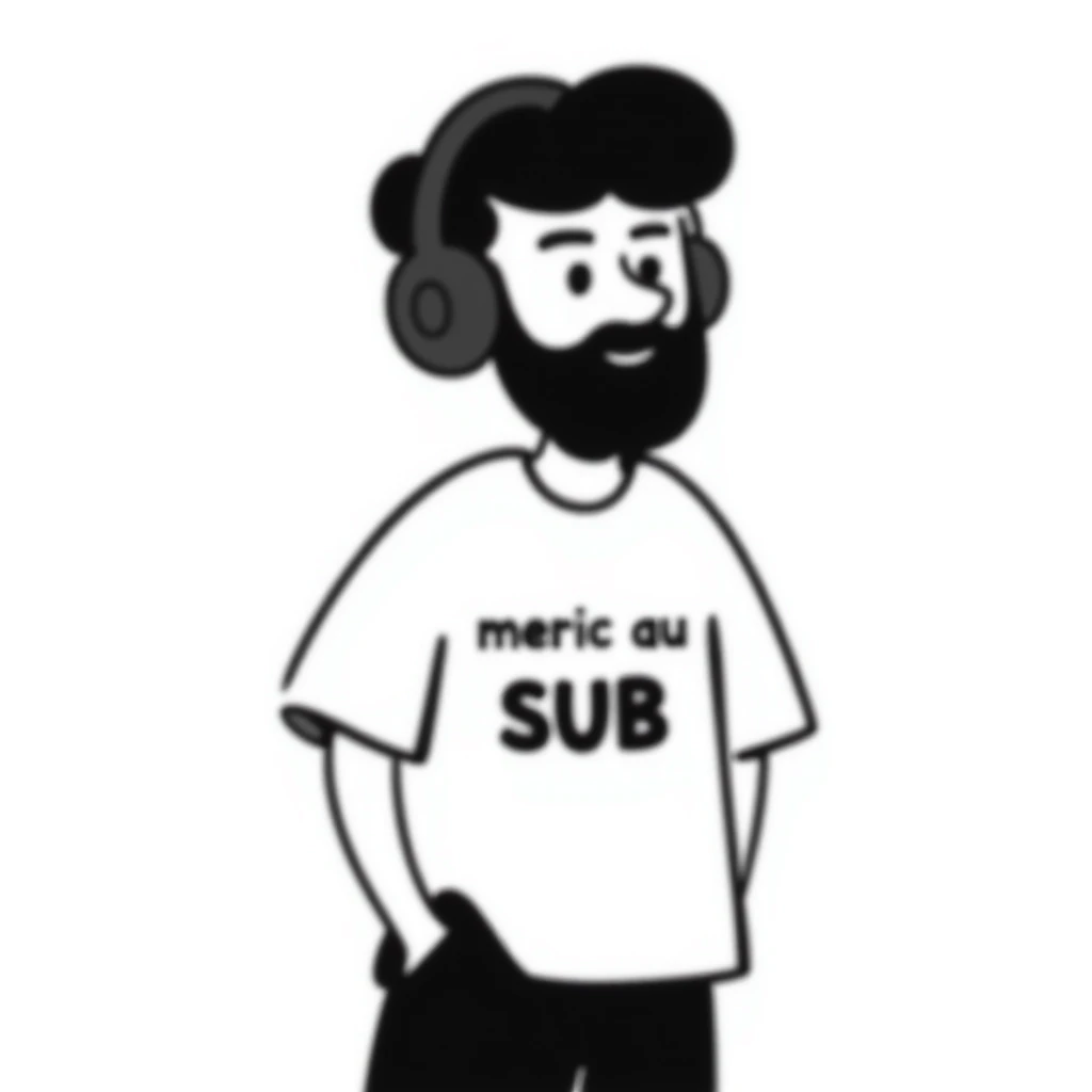 A person with black hair, brown eyes, and a black beard wearing a gaming headset saying "merci au SUB" emoji