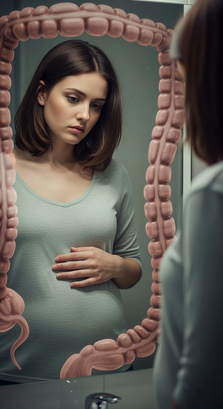 donna che si guarda allo specchio tenendosi la mano sulla pancia gonfia con espressione triste in volto, intestino umano anatomico in evidenza emoji