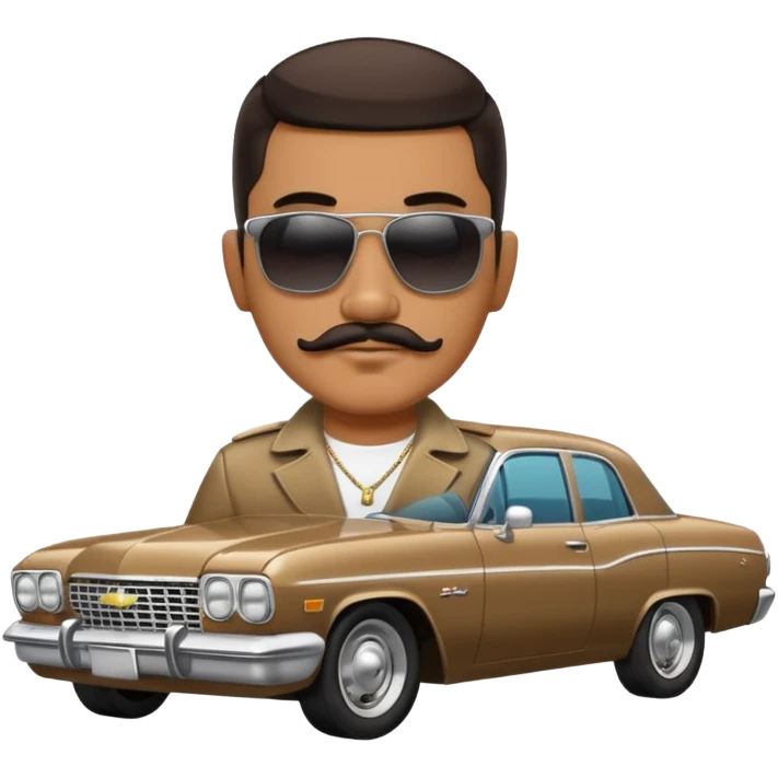 Hispanic gangster with thick mustache and dark sunglasses with a Chevy impala car in the back  emoji