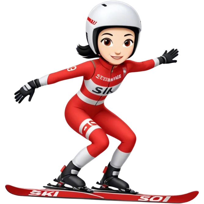 Ski racer downhill squat woman red white dress with the name Stephanie on the dress Ski Head lettering black hair smile emoji