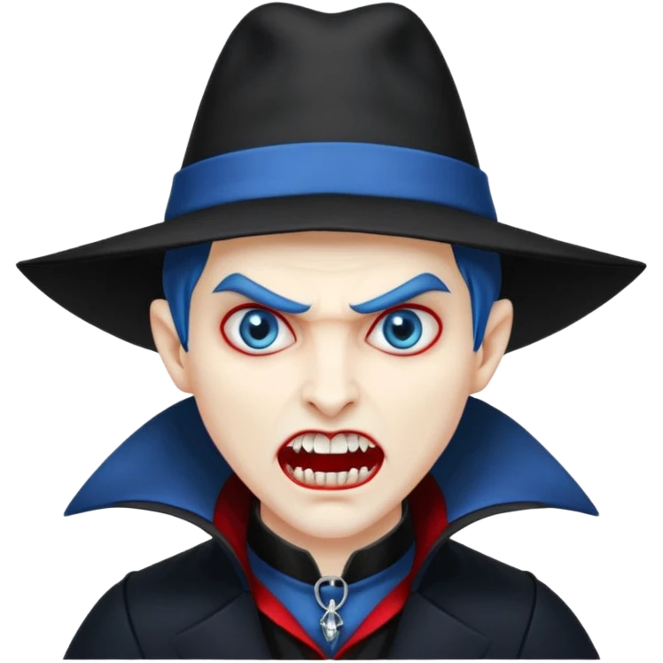 Vampire with blue hat ,black coat with read collared ,teeth looks like vampire with aggression on face and a full body. emoji
