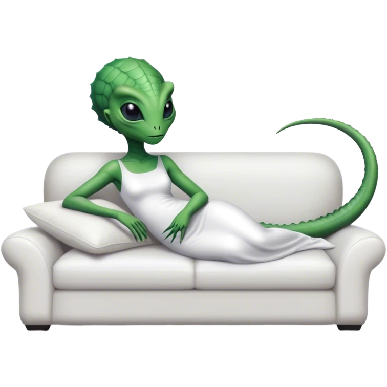 a reptilian alien woman, in white dress, lie on couch comfy, full figure emoji