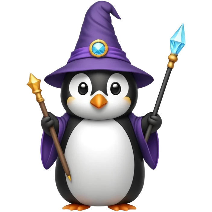 penguin wearing a wizard hat and robe, holding a magic wand emoji