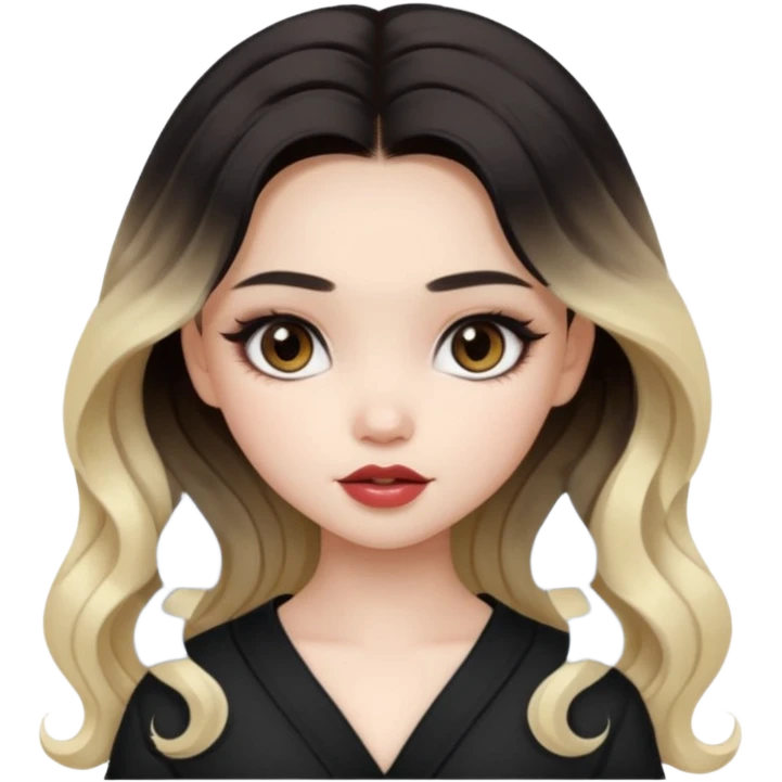 pale skin, girly bratz ASIAN vietnam baddie, beautiful dark brown eyes, pretty makeup, long black to blond ombré wavy hair emoji