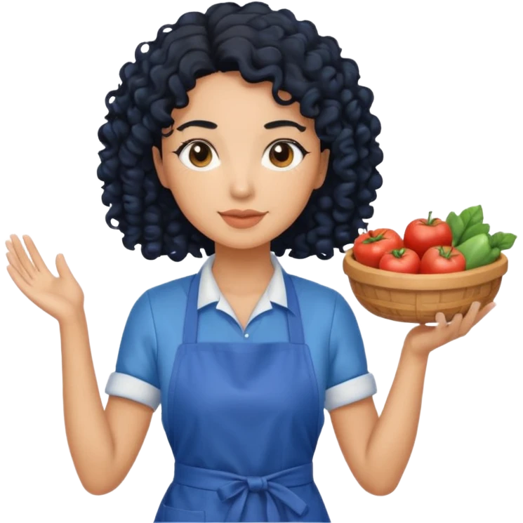 woman with curly black hair in blue apron emoji