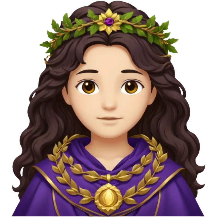 Libera from Olympus Gods with long dark brown wavy hair, dark purple stola emoji