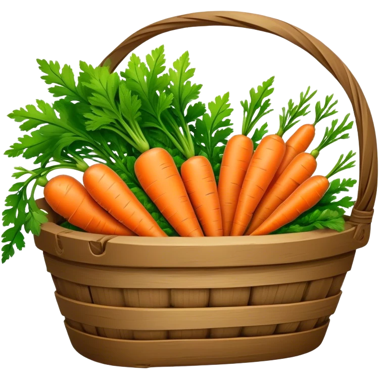 Cinematic vibrant orange carrot, crisp and fresh, slightly twisted with green leafy tops, arranged in a rustic wooden basket, natural and inviting. emoji