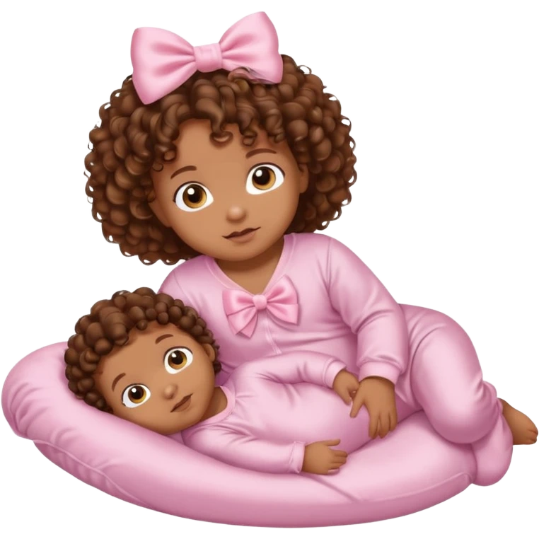 Brown skin 6 month old baby with brown curly hair down laying down with satin baby pink onesie and white bow emoji